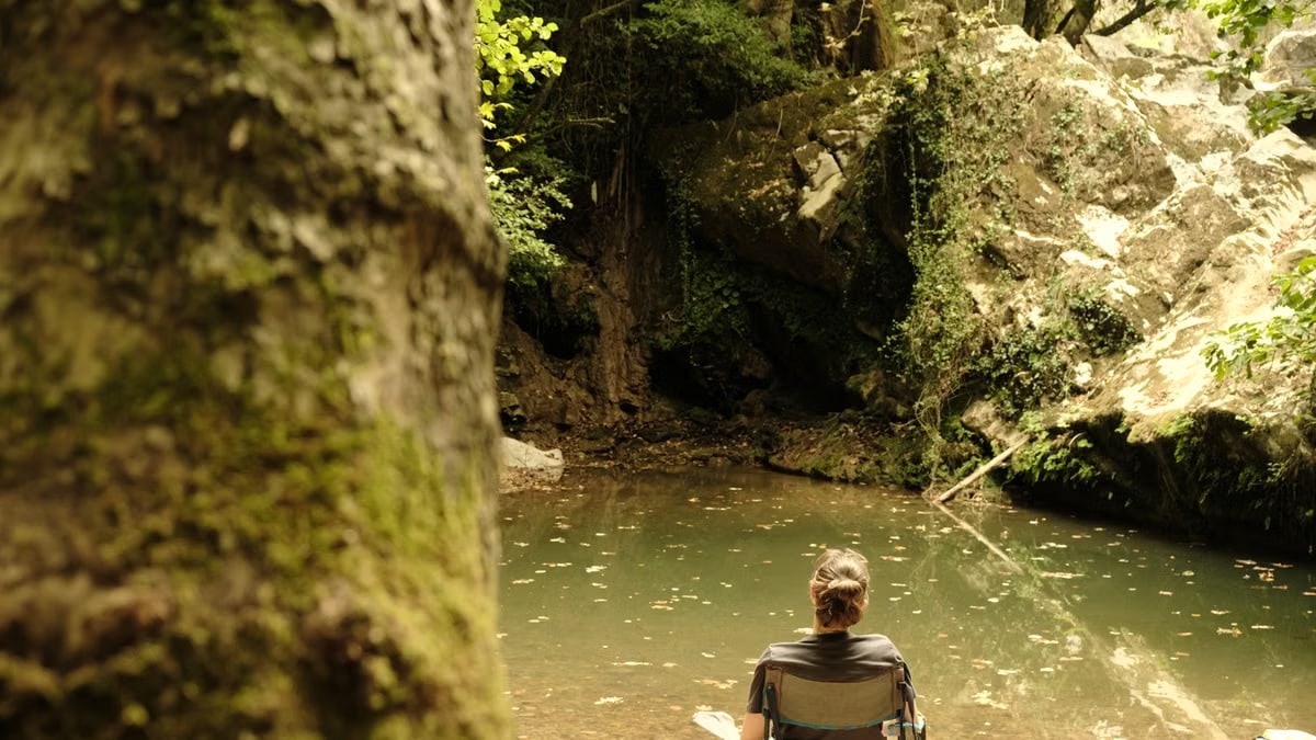 Person seated by a tranquil forest pond, surrounded by lush greenery.
